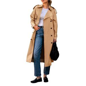 Long Trench Coat Double Breasted Classic Lapel Fall Overcoat with Belt